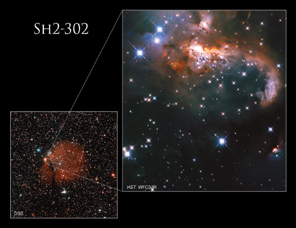Hubble captured just a small segment of the Snowman Nebula. Image credit: NASA / ESA / Hubble / J. Tan, Chalmers University of Technology / DSS / Gladys Kober, NASA & Catholic University of America.