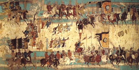 Tang Dynasty mural commemorating the victory of General Zhang Yichao over the Tibetans in 848 CE, from Mogao cave 156.
