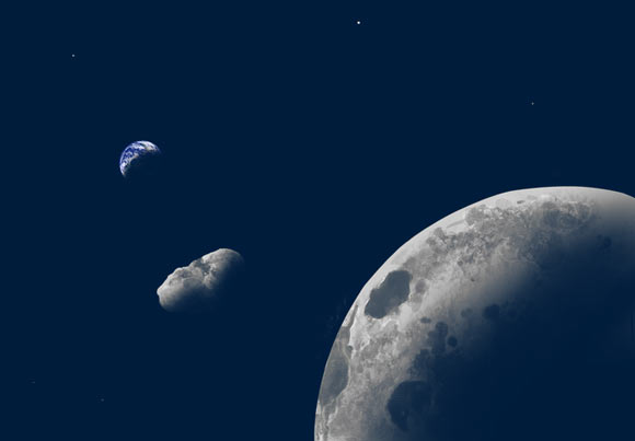 An artist’s impression of Kamo’oalewa near the Earth-Moon system. Image credit: Addy Graham / University of Arizona.