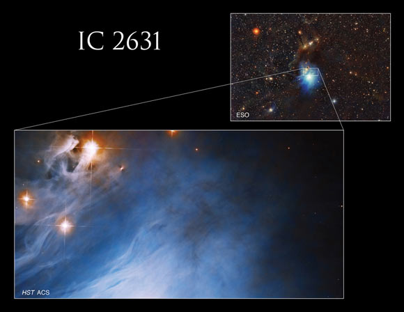 Hubble observed a small part of IC2631 in a survey looking at the disks of newly-formed stars. Image credit: NASA / ESA / Hubble / K. Stapelfeldt, NASA’s Jet Propulsion Laboratory / ESO / Gladys Kober, NASA & Catholic University of America.
