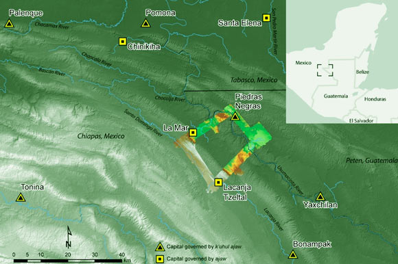 Regional map showing extent of LiDAR survey and location of Classic period Maya capitals. Image credit: Golden et al., doi: 10.3390/rs13204109.