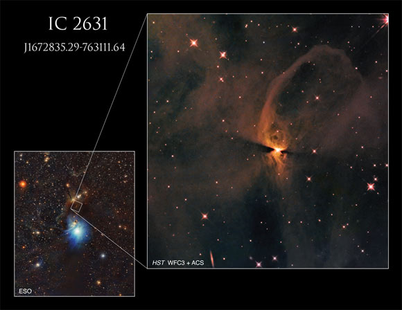 This Hubble image shows the J1672835.29-763111.64 protostar located in the reflection nebula IC 2631. Image credit: NASA / ESA / Hubble / T. Megeath, University of Toledo / K. Stapelfeldt, NASA’s Jet Propulsion Laboratory / ESO / Gladys Kober, NASA / Catholic University of America.