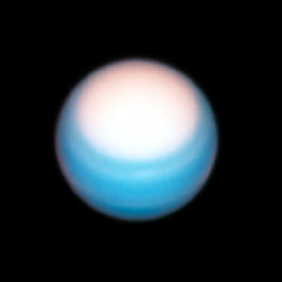 Hubble’s October 25th view of Uranus puts the planet’s bright northern polar hood in the spotlight. Image credit: NASA / ESA / Hubble / Amy Simon, NASA’s Goddard Space Flight Center / Michael H. Wong, University of California, Berkeley / Alyssa Pagan, STScI.