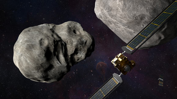This illustration shows NASA’s DART spacecraft and ASI’s LICIACube spacecraft prior to impact at the binary asteroid system Didymos. Image credit: NASA / Johns Hopkins Applied Physics Laboratory / Steve Gribben.