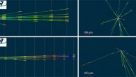 FASERν event displays of two of the neutral vertices in the yz projection longitudinal to the beam direction (left) and in the view transverse to the beam direction (right). Image credit: FASER Collaboration.