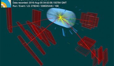 A Higgs boson candidate transforming into four muons (red lines). Image credit: CERN.