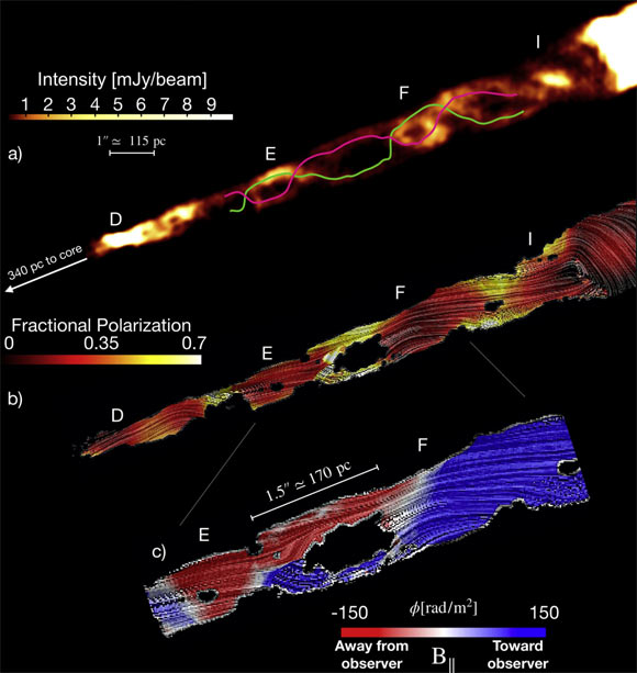 An analysis of the polarization properties in the conical jet of Messier 87 revealing a helical magnetic field configuration. Image credit: Pasetto et al., doi: 10.3847/2041-8213/ac3a88.
