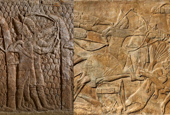 Left: Assyrian infantry archer in scale armor depicted in a relief from the south west palace of Sennacherib (reigned 704-681 BCE) in Nineveh. Right: Assyrian cavalry archer in scale armor depicted in a relief from the palace of Assurbanipal (reigned 669-631 BCE) in Nineveh. Image credit: Trustees of the British Museum.