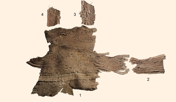 The Yanghai leather scale armor, main fragments outside, view of scales: (1) front cover with remains of attached side panels; (2) end of proper left side panel; (3 and 4) shoulder flaps. Image credit: D.L. Xu / P. Wertmann / M. Yibulayinmu.