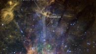 This is a composite view of X-rays, molecular gas, and warm ionized gas near the Milky Way’s center (yellow represents Hubble data, blue is Chandra data, green is ALMA data, and red is VLA data). The orange-colored features are of glowing hydrogen gas. One such feature, at the top tip of the jet is interpreted as a hydrogen cloud that has been hit by the outflowing jet. The jet scatters off the cloud into tendrils that flow northward. Farther down near the black hole are X-ray observations of superheated gas colored blue and molecular gas in green. These data are evidence that the black hole occasionally accretes stars or gas clouds, and ejects some of the superheated material along its spin axis. The graphic of a translucent, vertical white fan is added to show the suggested axis of a mini-jet from the supermassive black hole at the Galaxy’s heart. Image credit: NASA / ESA / Gerald Cecil, University of North Carolina / Joseph DePasquale, STScI.