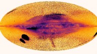 All-sky map of the Milky Way in motion using the Gaia data. Areas with significant motion are shown in black/purple and those with relatively low motion in yellow. A number of large scale filamentary disc structures are evident about the midplane. The map also shows the Magellanic Clouds and their connecting stellar bridge to left, while the Sagittarius dwarf galaxy currently being torn apart can be seen on the right (main body). Image credit: Laporte et al., doi: 10.1093/mnrasl/slab109.