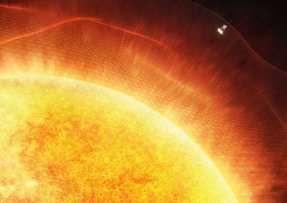 Parker Solar Probe has flown through the solar corona and sampled particles and magnetic fields there. Image credit: NASA’s Goddard Space Flight Center.