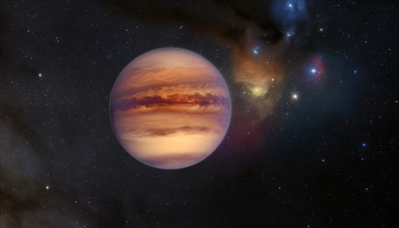 This artist’s impression shows an example of a free-floating planet with the Rho Ophiuchi cloud complex visible in the background. Image credit: ESO / M. Kornmesser.