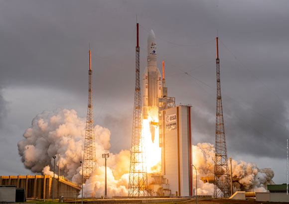The James Webb Space Telescope lifted off on an Ariane 5 rocket from Europe’s Spaceport in French Guiana on December 25, 2021, on its exciting mission to unlock the secrets of the Universe. Image credit: ESA / CNES / Arianespace.