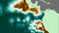 Oxygen deficient zone intensity across the eastern Pacific Ocean, where copper colors represent the locations of consistently lowest oxygen concentrations and deep teal indicates regions without sufficiently low dissolved oxygen. Image credit: Jarek Kwiecinski & Andrew Babbin.