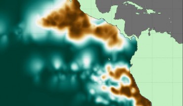 Oxygen deficient zone intensity across the eastern Pacific Ocean, where copper colors represent the locations of consistently lowest oxygen concentrations and deep teal indicates regions without sufficiently low dissolved oxygen. Image credit: Jarek Kwiecinski & Andrew Babbin.