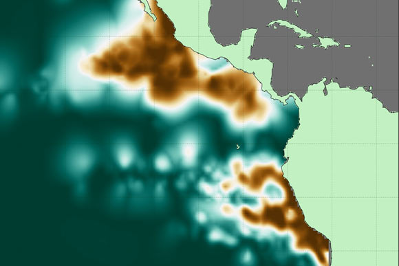 Oxygen deficient zone intensity across the eastern Pacific Ocean, where copper colors represent the locations of consistently lowest oxygen concentrations and deep teal indicates regions without sufficiently low dissolved oxygen. Image credit: Jarek Kwiecinski & Andrew Babbin.