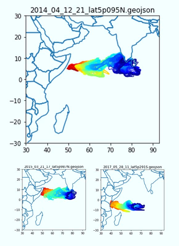 Long-lived lakes of water vapor in the atmosphere are observed to occur over the western Indian Ocean. Their dynamics resemble those of a well-studied theoretical and simulation paradigm for tropical disturbances called self-aggregation. Image credit: Mapes & Tsai.