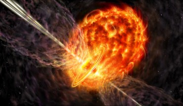 This artist’s impression shows a binary stellar system at the start of a common envelope phase. Image credit: Danielle Futselaar, artsource.nl.