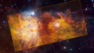 The Flame Nebula is the large feature on the left half of the central, yellow rectangle. The smaller feature on the right is the reflection nebula NGC 2023. To the top right of NGC 2023, the iconic Horsehead Nebula seems to emerge heroically from the ‘flames.’ The three objects are part of the Orion cloud, a giant gas structure located between 1,300 and 1,600 light-years away. The different colors indicate the velocity of the gas. The Flame Nebula and its surroundings are moving away from us, with the red clouds in the background receding faster than the yellow ones in the foreground. Image credit: ESO / Thomas Stanke / J. Emerson / VISTA / Cambridge Astronomical Survey Unit.