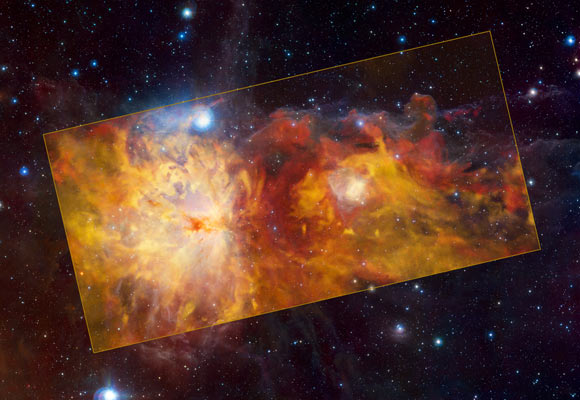 The Flame Nebula is the large feature on the left half of the central, yellow rectangle. The smaller feature on the right is the reflection nebula NGC 2023. To the top right of NGC 2023, the iconic Horsehead Nebula seems to emerge heroically from the ‘flames.’ The three objects are part of the Orion cloud, a giant gas structure located between 1,300 and 1,600 light-years away. The different colors indicate the velocity of the gas. The Flame Nebula and its surroundings are moving away from us, with the red clouds in the background receding faster than the yellow ones in the foreground. Image credit: ESO / Thomas Stanke / J. Emerson / VISTA / Cambridge Astronomical Survey Unit.