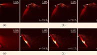 Visualization of the motion of particles expelled from the mouth of the mannequin with inclination angles of 60° (a) and (b) and 120° (c) and (d); panels (a) and (c) display the average intensity of particle fluorescence, and panels (b) and (d) show the instantaneous particle distribution at three times; the white arrows mark the ejection direction of the particles; the nondimensional time interval in these figures corresponds to a physical time interval of 0.1 s. Image credit: Wang et al., doi: 10.1063/5.0073880.