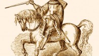 A medieval knight on a warhorse.