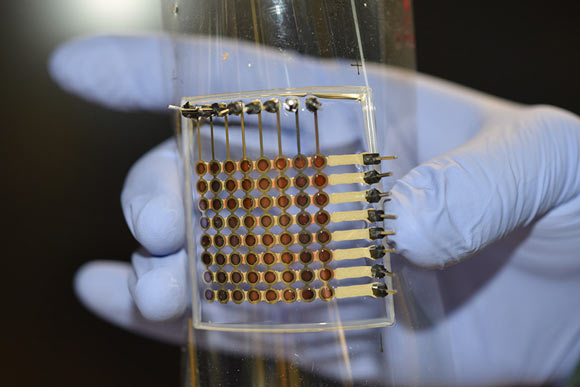 The fully 3D-printed flexible OLED display prototype is about 1.5 inches on each side and has 64 pixels. Image credit: McAlpine Group, University of Minnesota.