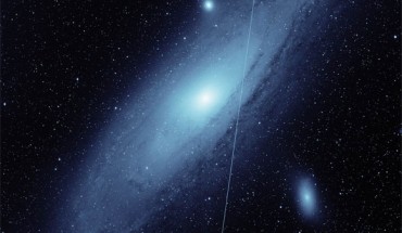 The streak from a Starlink satellite appears in this image of the Andromeda galaxy, taken by the Zwicky Transient Facility during twilight on May 19, 2021. Image credit: ZTF / Caltech.