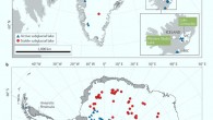 Global inventory of subglacial lakes: (a) inventory of northern hemisphere subglacial lakes (SGLs); the top right inset shows the location of part a (red box) in the northern hemisphere; (b) inventory of SGLs beneath the Antarctic Ice Sheet; the extents of larger lakes (such as PEL Lake and Lake Vostok) are defined by blue polygons; red circles represent stable lakes identified from radio-echo sounding (RES), and blue triangles represent active lakes that have been observed to drain at least once during the observation period; lakes labeled in green have been accessed and cleanly sampled with the exception of Glacier de Tête Rousse, which was monitored using boreholes (water level) and sonar (cavity geometry), and Lake Vostok. MIC - Mýrdalsjökull Ice Cap, VIC - Vatnajökull Ice Cap. Image credit: Livingstone et al., doi: 10.1038/s43017-021-00246-9.