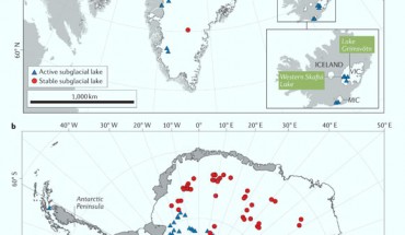 Global inventory of subglacial lakes: (a) inventory of northern hemisphere subglacial lakes (SGLs); the top right inset shows the location of part a (red box) in the northern hemisphere; (b) inventory of SGLs beneath the Antarctic Ice Sheet; the extents of larger lakes (such as PEL Lake and Lake Vostok) are defined by blue polygons; red circles represent stable lakes identified from radio-echo sounding (RES), and blue triangles represent active lakes that have been observed to drain at least once during the observation period; lakes labeled in green have been accessed and cleanly sampled with the exception of Glacier de Tête Rousse, which was monitored using boreholes (water level) and sonar (cavity geometry), and Lake Vostok. MIC - Mýrdalsjökull Ice Cap, VIC - Vatnajökull Ice Cap. Image credit: Livingstone et al., doi: 10.1038/s43017-021-00246-9.