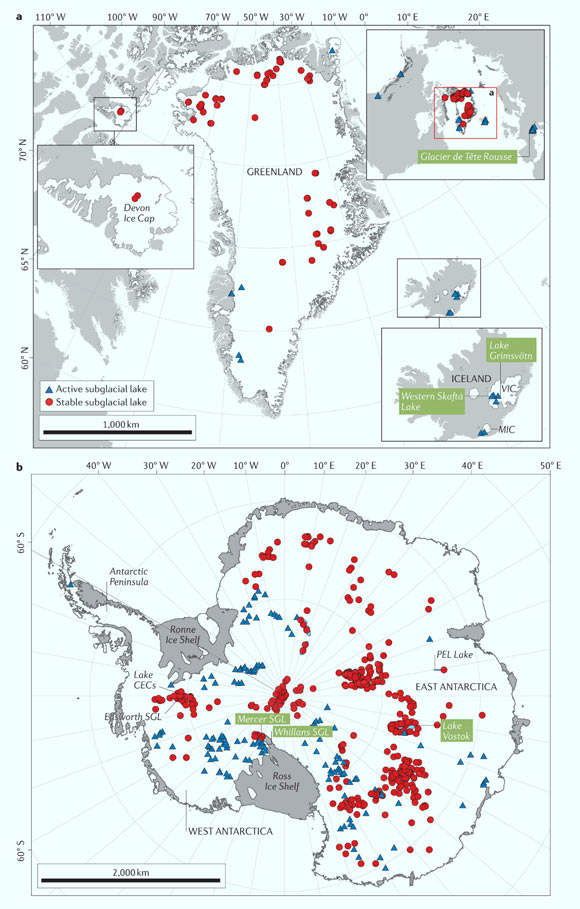 Global inventory of subglacial lakes: (a) inventory of northern hemisphere subglacial lakes (SGLs); the top right inset shows the location of part a (red box) in the northern hemisphere; (b) inventory of SGLs beneath the Antarctic Ice Sheet; the extents of larger lakes (such as PEL Lake and Lake Vostok) are defined by blue polygons; red circles represent stable lakes identified from radio-echo sounding (RES), and blue triangles represent active lakes that have been observed to drain at least once during the observation period; lakes labeled in green have been accessed and cleanly sampled with the exception of Glacier de Tête Rousse, which was monitored using boreholes (water level) and sonar (cavity geometry), and Lake Vostok. MIC - Mýrdalsjökull Ice Cap, VIC - Vatnajökull Ice Cap. Image credit: Livingstone et al., doi: 10.1038/s43017-021-00246-9.