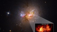 A pullout of the central region of the dwarf starburst galaxy Henize 2-10 traces an outflow, or bridge of hot gas 230 light-years long, connecting the galaxy’s massive black hole and a star-forming region. Hubble data on the velocity of the outflow from the black hole, as well as the age of the young stars, indicates a causal relationship between the two. A few million years ago, the outflow of hot gas slammed into the dense cloud of a stellar nursery and spread out, like water from a hose impacting a mound of dirt. Now clusters of young stars are aligned perpendicular to the outflow, revealing the path of its spread. Image credit: NASA / ESA / Zachary Schutte & Amy Reines, eXtreme Gravity Institute, Montana State University / Alyssa Pagan, STScI.