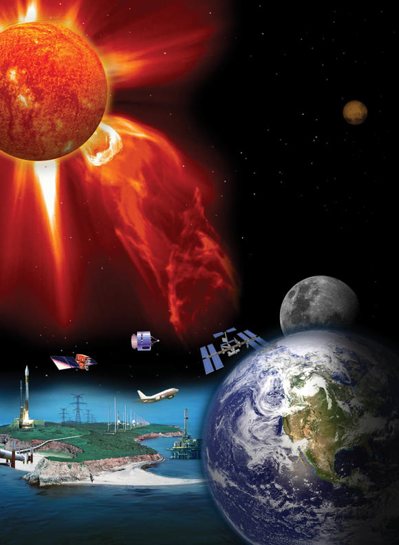 Many technologies key to modern society are vulnerable to solar storms. Image credit: National Space Weather Program.
