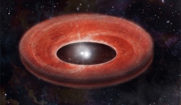 An artist’s impression of a transition disk around an evolved binary star. Image credit: N. Stecki.