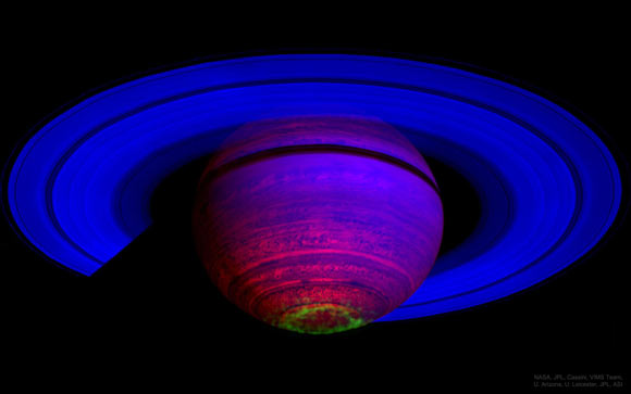 This infrared image, taken by NASA’s Cassini spacecraft, shows an aurora at the southern pole of Saturn. Image credit: NASA / Cassini / VIMS Team / University of Arizona / University of Leicester / JPL / ASI.