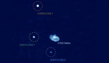 This image, taken by the SPHERE/IFS instrument on ESO’s Very Large Telescope in 2016, shows three satellites (S1 in red circle, S2 in green, and S3 in blue) of the main-belt asteroid (130) Elektra. Image credit: Berdeu et al., doi: 10.1051/0004-6361/202142623.