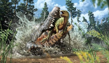 An artist’s impression of Confractosuchus sauroktonos attacking an ornithopod dinosaur. Image credit: Julius Csotonyi / White et al., doi: 10.1016/j.gr.2022.01.016.