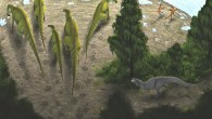 Hypothetical reconstruction of the Tyrants Aisle tracksite during track formation, depicting a small herd of Edmontosaurus regalis as they produce tracks in a riverine setting; a lone tyrannosaurid dinosaur watches the herd, while a pair of troodontids scuffle nearby. Image credit: José Vitor Silva.