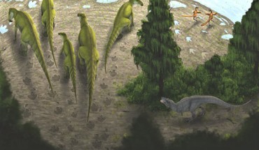Hypothetical reconstruction of the Tyrants Aisle tracksite during track formation, depicting a small herd of Edmontosaurus regalis as they produce tracks in a riverine setting; a lone tyrannosaurid dinosaur watches the herd, while a pair of troodontids scuffle nearby. Image credit: José Vitor Silva.