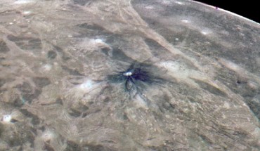 This image of Ganymede was captured by NASA’s Juno mission during a close flyby in June 2021. The enhanced-color version of the image was created by citizen scientist Thomas Thomopoulos. Image credit: NASA / JPL-Caltech / SwRI / MSSS / Thomas Thomopoulos.