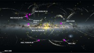 This image shows the Milky Way Galaxy as seen by ESA’s Gaia spacecraft; the squares represent the location of globular clusters, the triangles the location of satellite galaxies, and the small dots are stellar streams; the dots and squares in purple are objects brought into the Milky Way by the Pontus merging galaxy. Image credit: ESA / Gaia / DPAC / CC BY-SA 3.0 IGO.