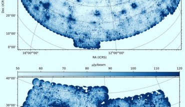 Noise variations in the two regions covered by the second data release from the LOw-Frequency ARray (LOFAR) Two-metre Sky Survey with the coverage of the 841 individual pointing outlined. The RA-13 (top) and RA-1 (bottom) regions span 4,178 and 1,457 square degrees and have median rms values of 74 μJy beam−1 and 106 μJy beam−1 respectively. Failed facets (white regions) are generally caused by either poor ionospheric conditions or dynamic range issues around bright sources such as 3C 48 and 3C 196. Image credit: Shimwell et al., doi: 10.1051/0004-6361/202142484.