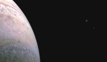 This Juno image shows Jupiter, Io and Europa (from left to right). Image credit: NASA / JPL-Caltech / SwRI / MSSS / Andrea Luck.