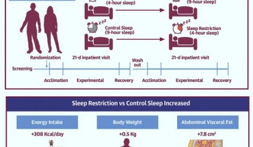 Sleep restriction combined with ad libitum food promotes excess energy intake without varying energy expenditure. Image credit: Covassin et al., doi: 10.1016/j.jacc.2022.01.038.