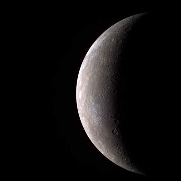 This color image of Mercury was generated from three MESSENGER images taken through filters sensitive to light in different wavelengths. Image credit: NASA / Johns Hopkins University Applied Physics Laboratory / Carnegie Institution of Washington.