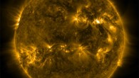 SDO captured this image of an X-class solar flare -- as seen in the bright flash in the top right portion of the image -- on March 30, 2022. The image shows a subset of extreme UV light that highlights the extremely hot material in flares and which is colorized in yellow (AIA 171). Image credit: NASA / SDO.