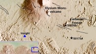 The landing site of InSight is marked by a blue triangle, while black stars denote the two identified marsquakes. The solid black lines demonstrate the Graben faults. The lower left inset map shows the global Martian topography, and the blue rectangular illustrates the research region. Image credit: Sun & Tkalčić, doi: 10.1038/s41467-022-29329-x.