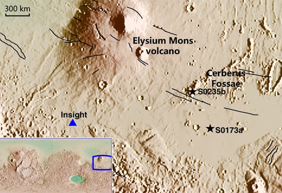 The landing site of InSight is marked by a blue triangle, while black stars denote the two identified marsquakes. The solid black lines demonstrate the Graben faults. The lower left inset map shows the global Martian topography, and the blue rectangular illustrates the research region. Image credit: Sun & Tkalčić, doi: 10.1038/s41467-022-29329-x.