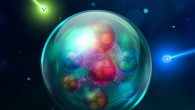 An illustration of the idea that a neutrino (v) and an electron (e) interact with a nuclei in comparable ways. Image credit: Jefferson Lab.